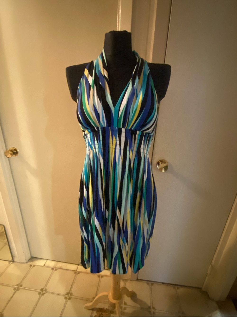 Calvin Klein Multicolor Striped Sleeveless Dress in Blue, Teal & Yellow w Bra